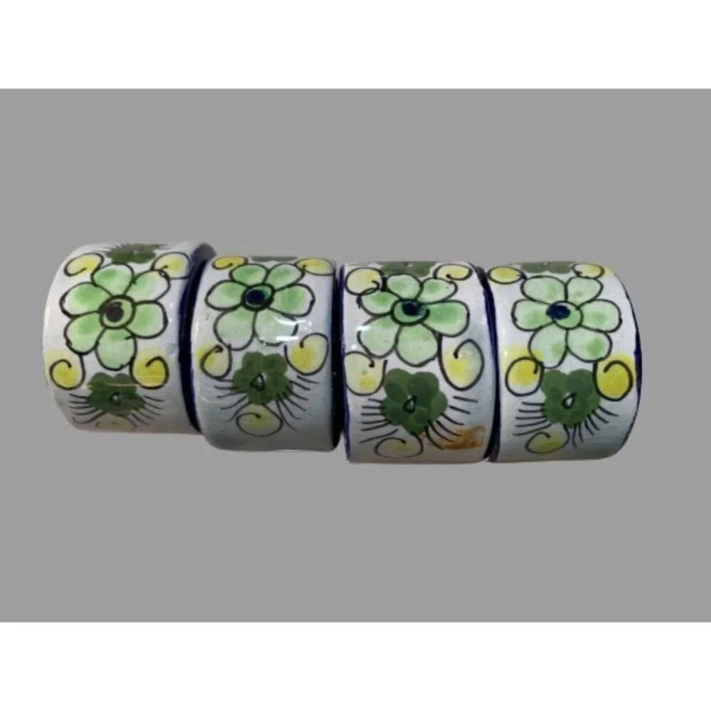 Set of 4 Made in Mexico Tonala Green Floral Hand Painted Napkin Rings